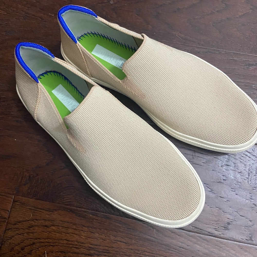 Rothy's Tan Slip-On Loafers with Blue Heel Trim